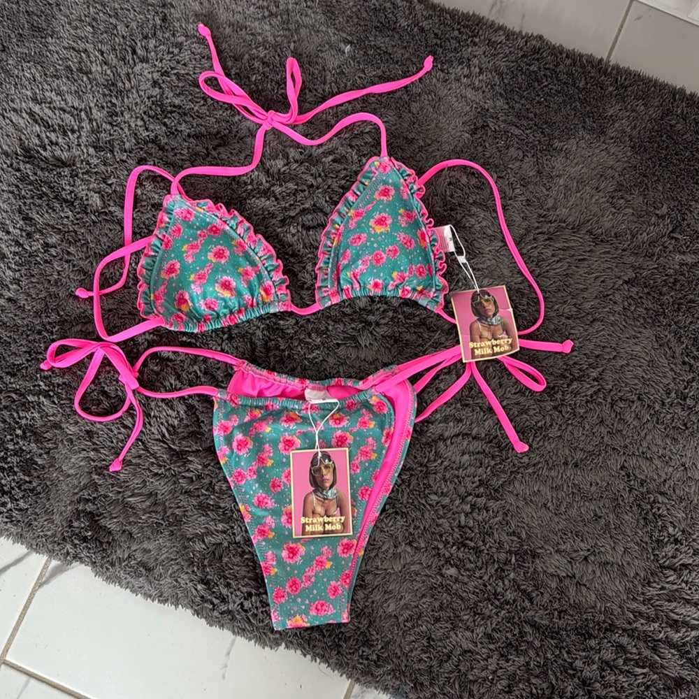 Strawberry Milk Mob Pink and Green Floral Bikini